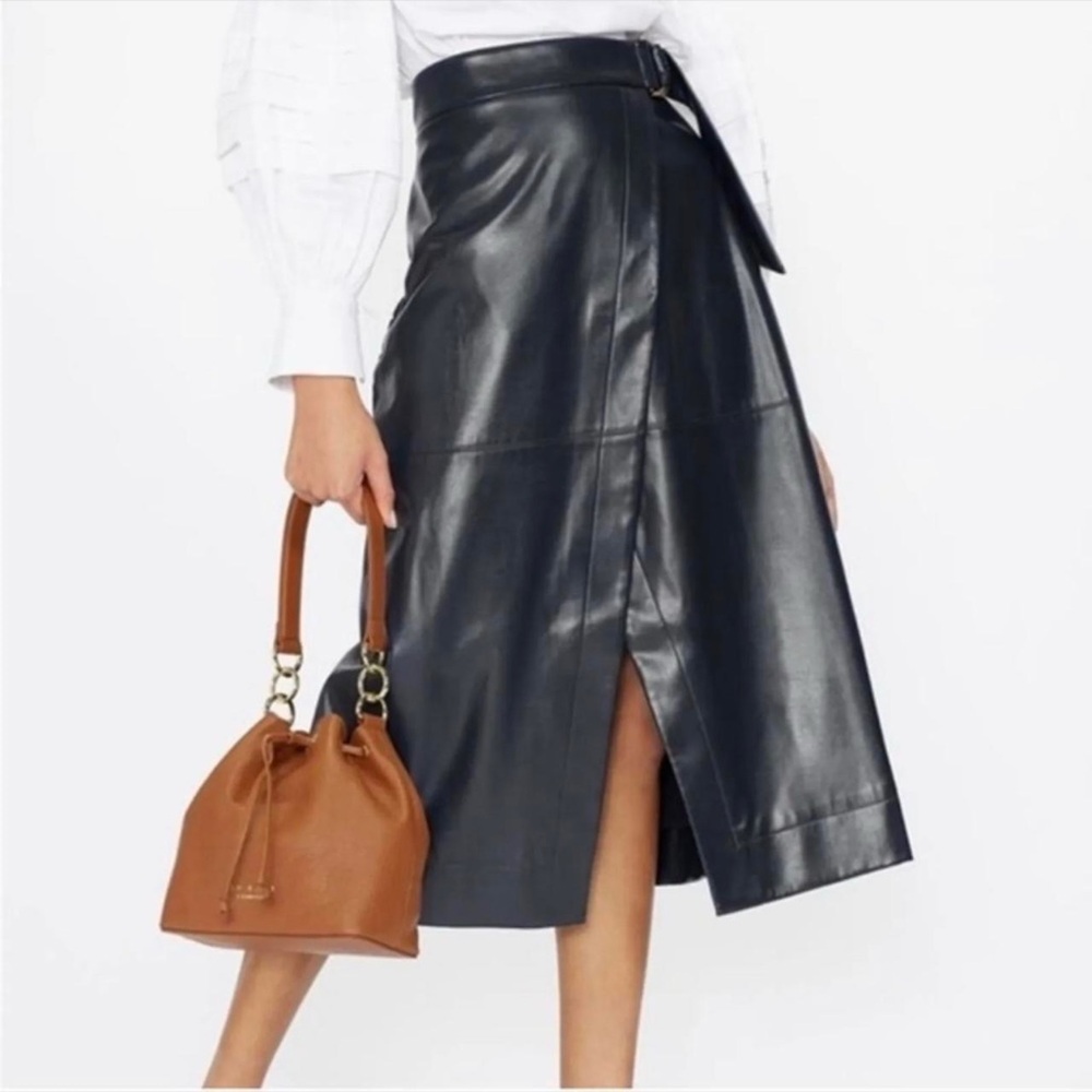 Ted Baker Elii Faux Leather Midi Wrap Skirt in Navy Blue - Picture 2 of 13